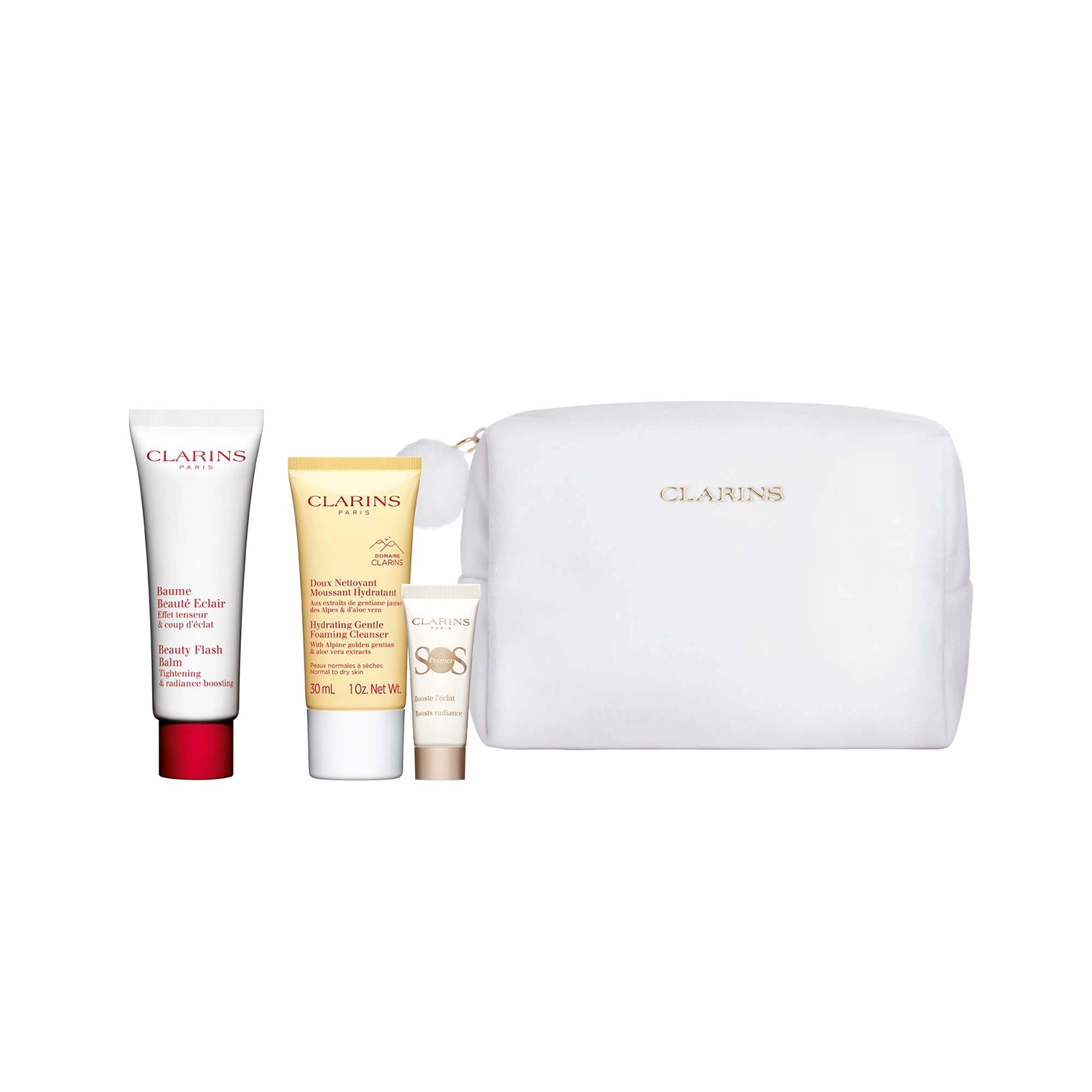 Clarins Radiance Care Experts - Beauty Flash Balm (50ml) + Hydrating Gentle Foaming Cleanser (30ml) + SOS Primer (White 10ml)