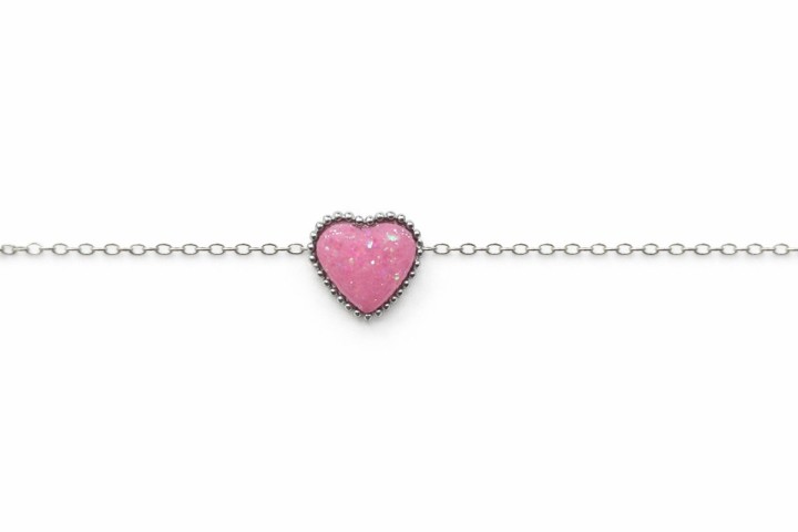Silver Heart Bracelet – Pink Iridescent Stone
