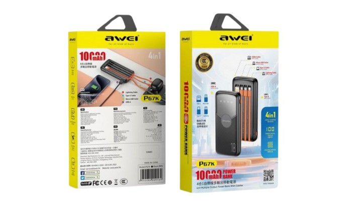 AWEI 10000mAh Power Bank 4-in-1 with Built-in Cables – Fast Charging, Portable & Durable