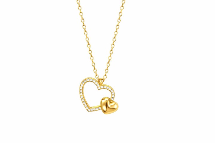 Double Heart Necklace with Crystals – Gold