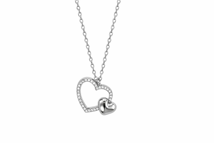 Double Heart Necklace with Crystals – Silver