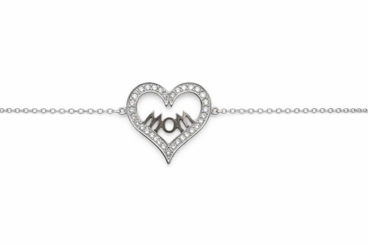 Silver Stainless Steel Heart “Mom” Bracelet with Cubic Zirconia