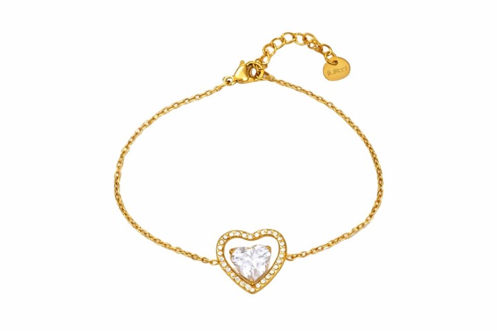 Gold Heart Bracelet with Crystal Center