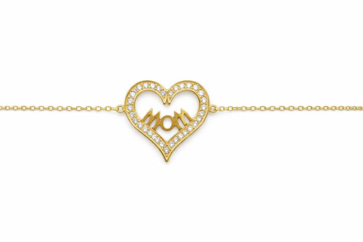Gold Stainless Steel Heart “Mom” Bracelet with Cubic Zirconia