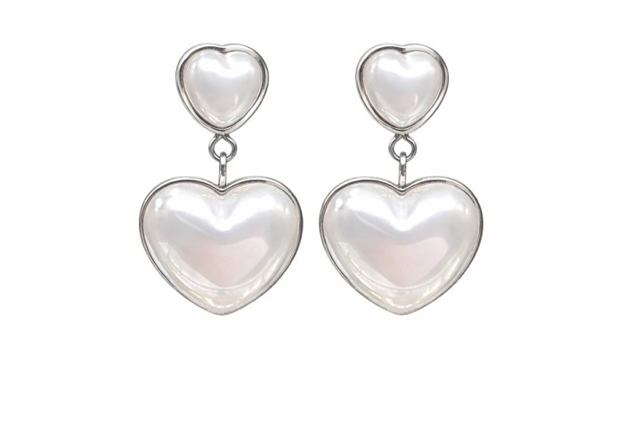 Silver Double Heart Drop Earrings – Pearl Finish