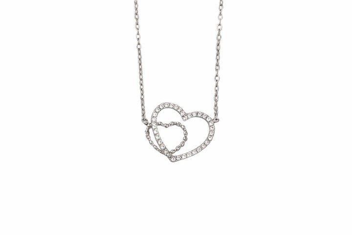 Silver Double Heart Necklace with Sparkling Stones
