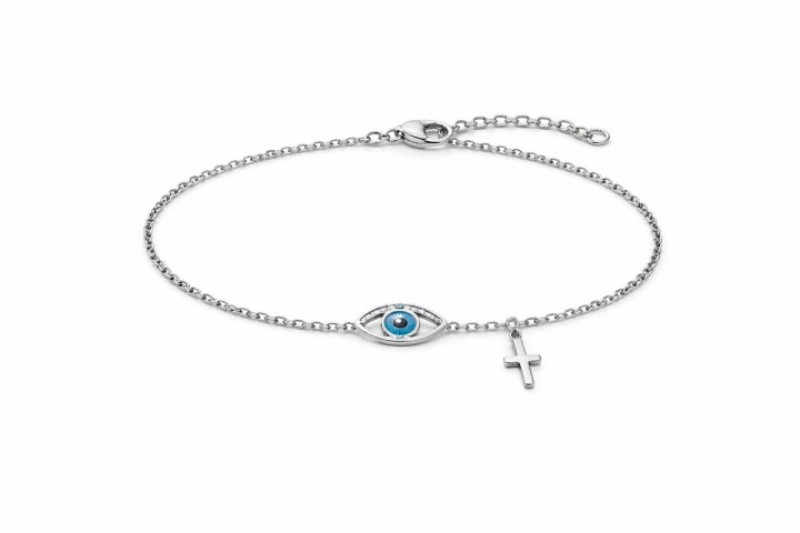 Silver Evil Eye & Cross Bracelet – Stainless Steel