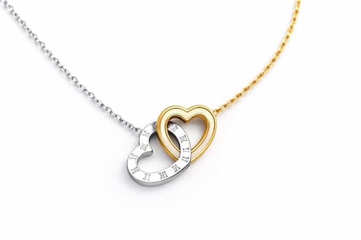 Two-Tone Double Heart Necklace with Roman Numerals – Gold & Silver Love Design