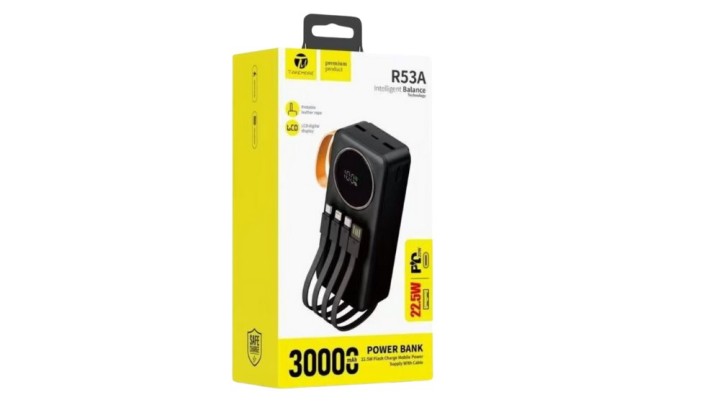 R53A Power Bank 30000mAh – 22.5W Fast Charging with Built-in Cables & LCD Display
