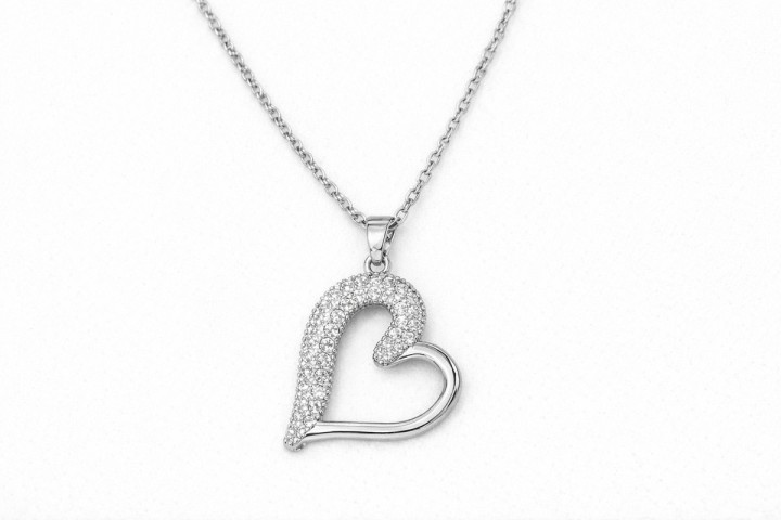 Silver Heart Necklace with Crystal Accent
