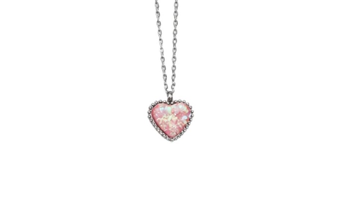 Silver Heart Necklace with Pink Opal – Stainless Steel