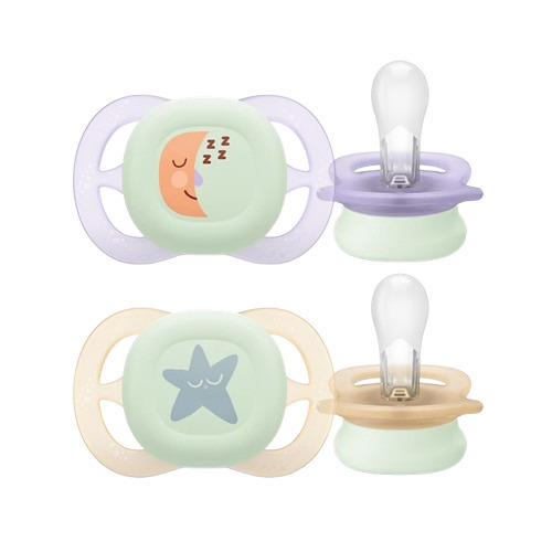 Philips Avent Ultra Start Nighttime Pacifier Purple/Beige with Designs for 0-2 months, 2 pieces