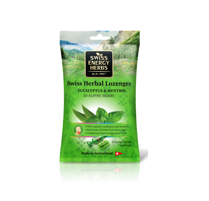 Swiss Energy, Eucalyptus and menthol, 20 Alpine herbs, lozenges against sore throat and stuffy nose, 55 gr.