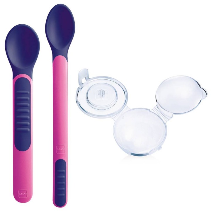 Mam Heat Sensitive Spoons & Cover 6M+ Purple Pink