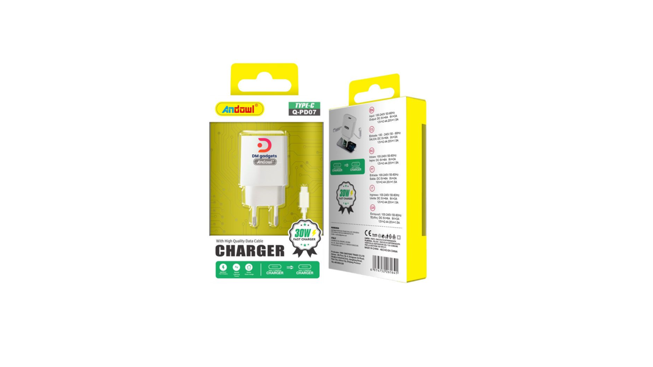 536D1#Andowl®Q-PD07 Charger with Type-C to Type-C cable 30W – White