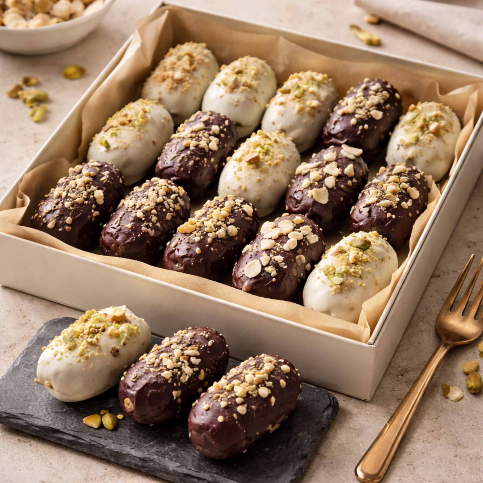 STUFFED DATES WITH ALMOND BUTTER, WHOLENUT AND FISTACIO