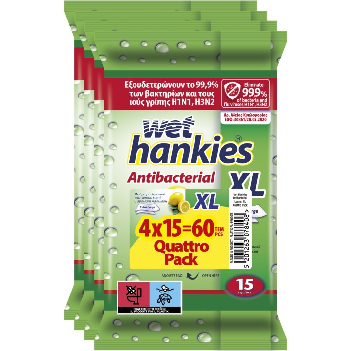 Wet Hankies Antibacterial Wet Wipes Xl Lemon, 4X15Pcs (60Pcs)