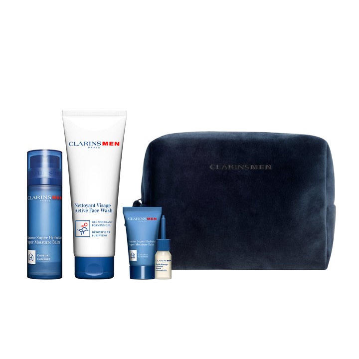 Clarins Men Essentials - Skincare Set Balm 50ml + Face Wash 125ml + travel balm 12ml + beard oil + pouch