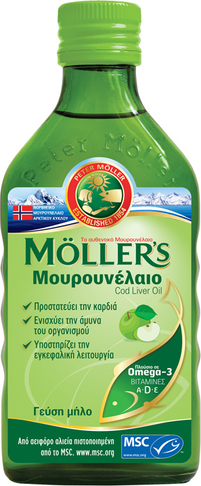 Mollers Cod Liver Oil Natural Source Of Omega 3 Fatty Acids& Vitamins D3 A E. Apple Flavor 250ml
