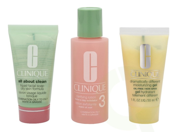 Clinique Skin School Supplies: 3 Step Intro System Type 3 Set 120 ml Liquid Soap Mild 30ml/Exfoliator Lotion 60ml/Moisturizing Gel Oil 30ml