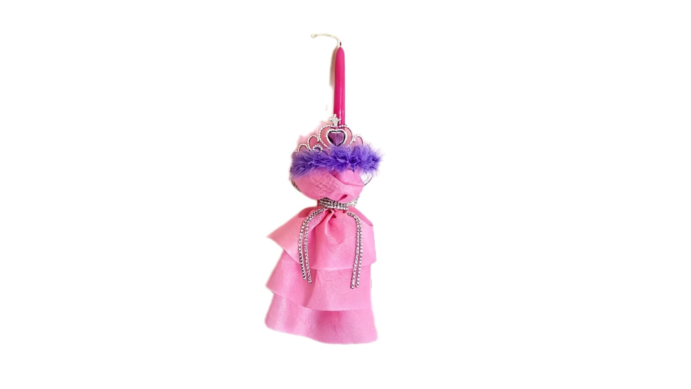 PINK-FUSCHIA EASTER CANDLE WITH SILVER-PURPLE PRINCESS CROWN AND RHINESTONES.  Cod.01