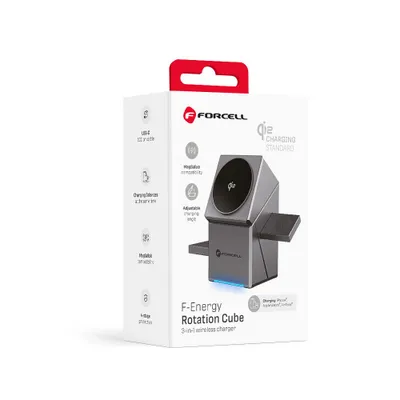 Wireless Charger Forcell F-Energy 3In1 Rotation Cube Qi2 Compatible With Magsafe (F-06) Silver
