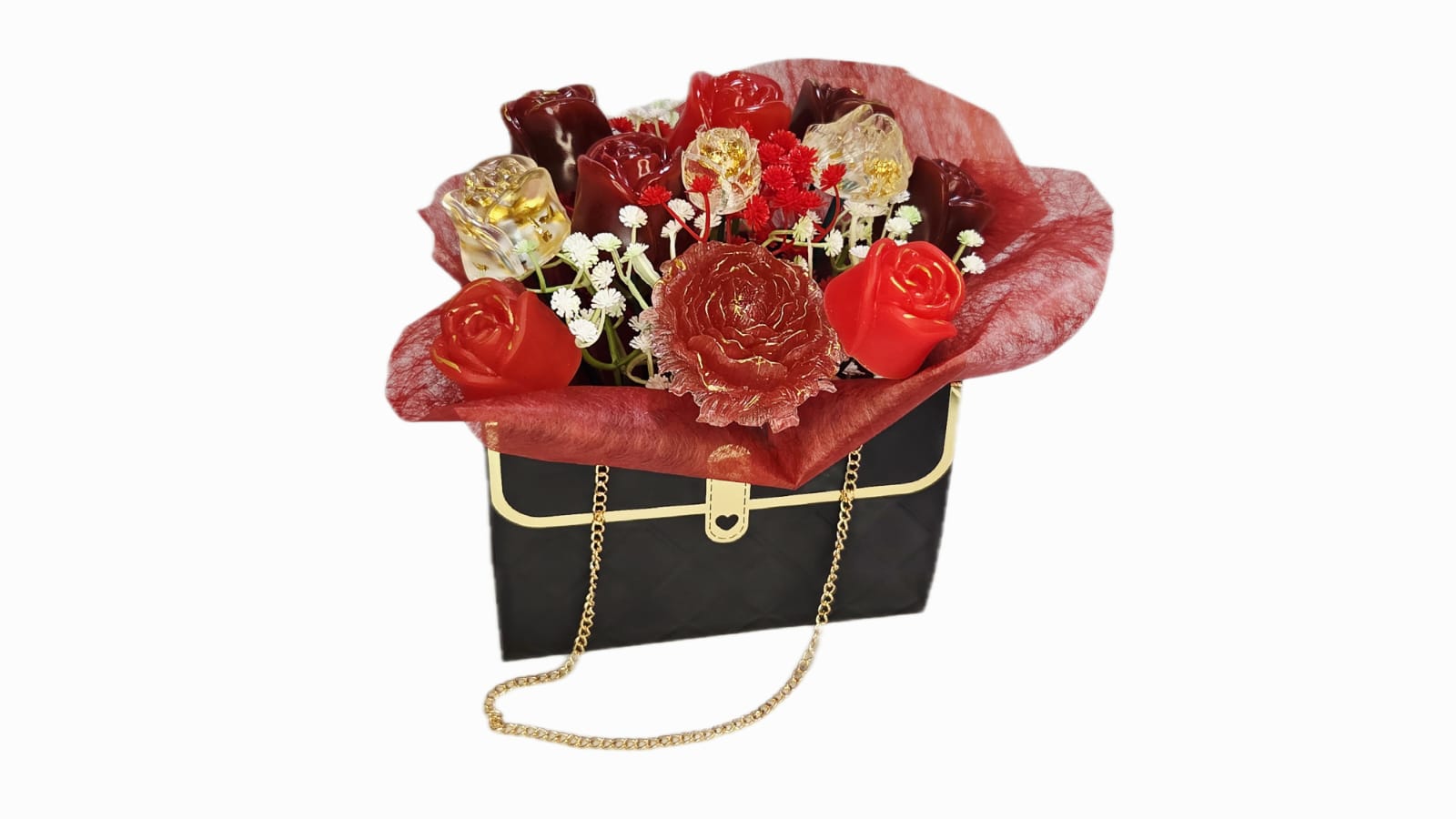 BOUQUET OF FLOWERS IN BLACK-GOLD BAG WITH CHAIN. Cod.26