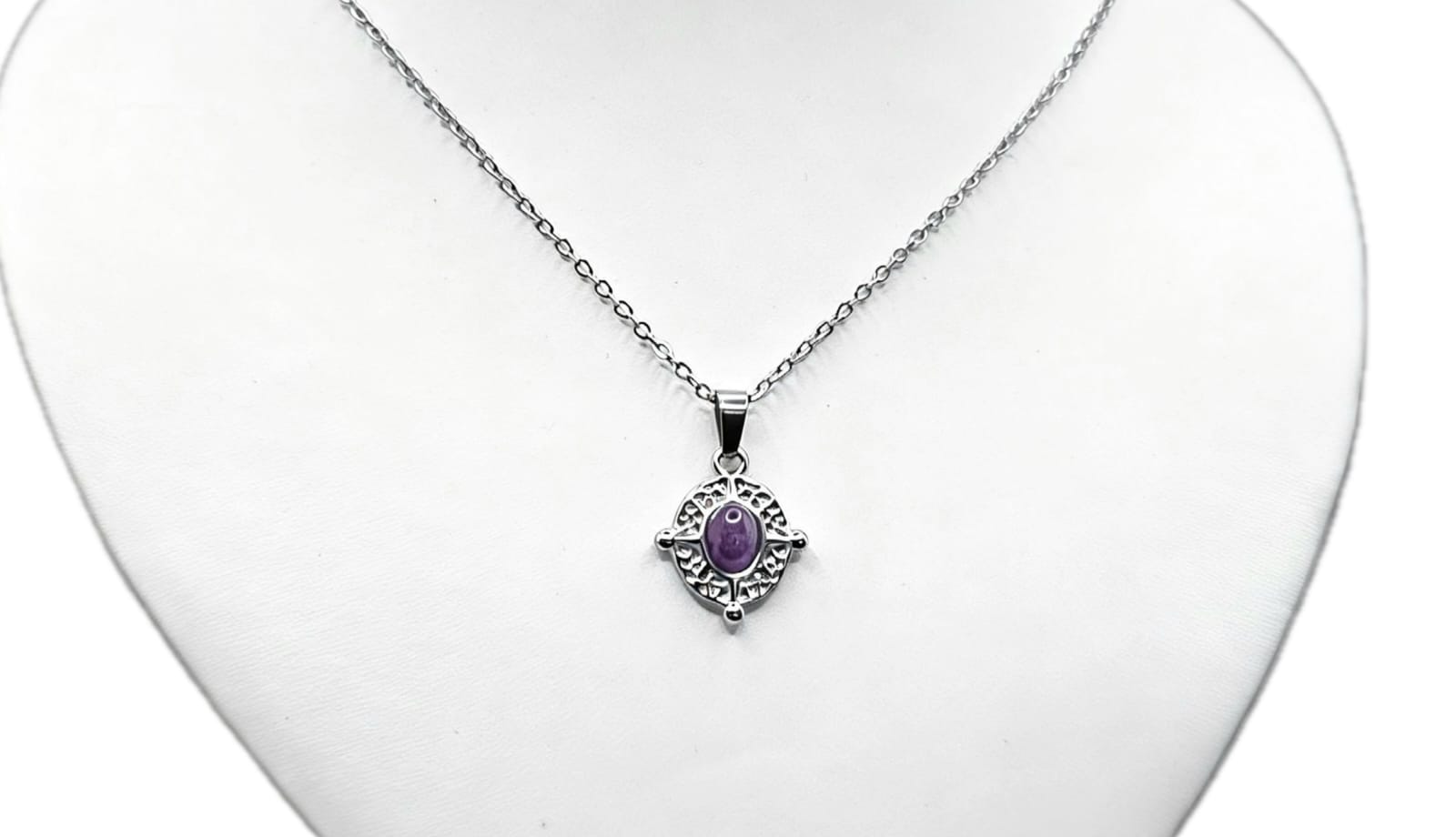 Silver Stainless Steel Oval Necklace With Amethyst Stone. Cod. 04