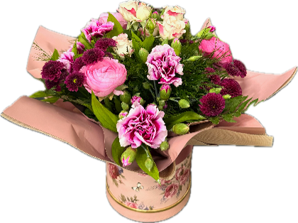 Flower box with pink/fuchsia flowers size small