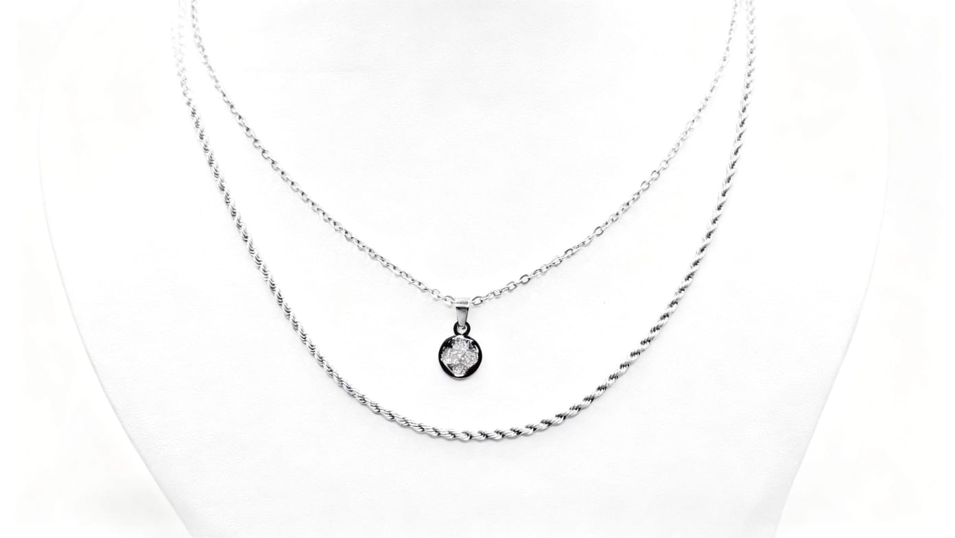 Double Silver Stainless Steel Chain Necklace Round Cross. Cod.22