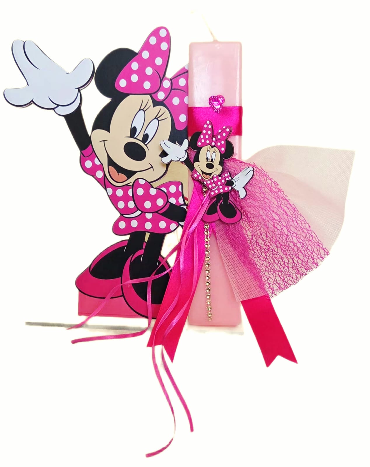 EASTER CANDLE WITH MINNIE MOUSE DECORATION WITH BASE.