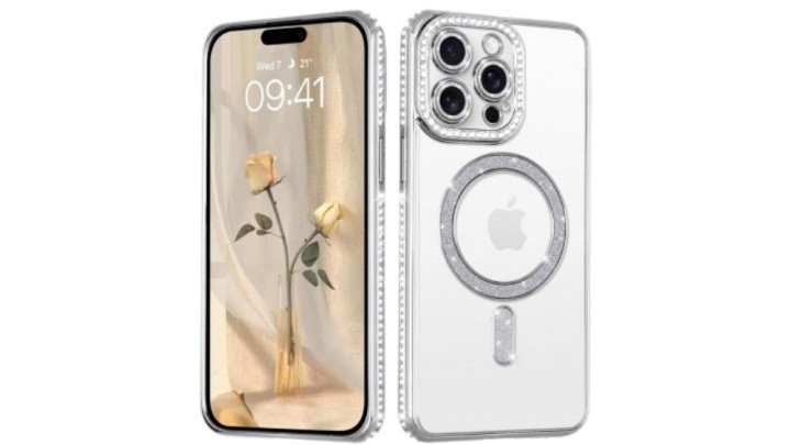 Silver Glitter MagSafe Case with Rhinestone Camera Protector iphone 16 plus