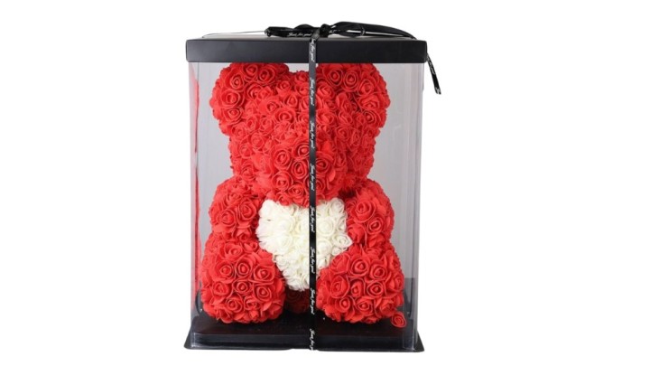 🤍🌹 Red Rose Teddy Bear with White Heart in Gift Box – 28 cm
