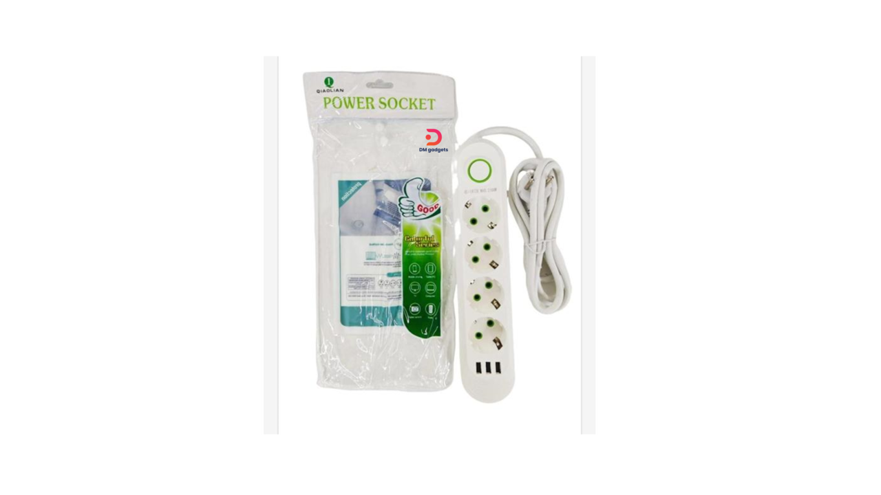 340A13#Qiaolian®1072U 4-Socket Power Strip with 3 USB-A Ports, 2M – White