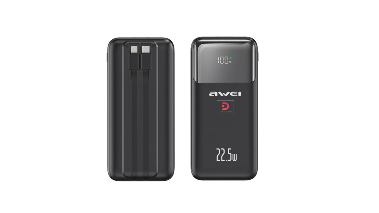 186K-1#Awei®P106K 10.000mah – 22.5W – 2 built-in Type C & Lightning charging cables – Black