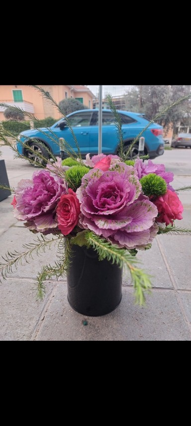 Pink Flowers Arrangement In metalic container