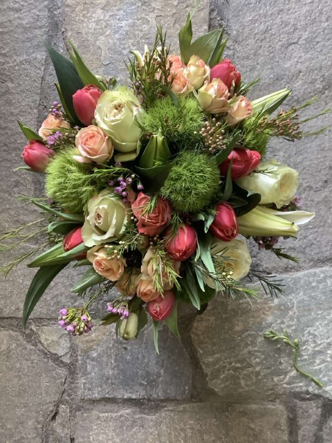 Bouquet with Coral Roses and Tulips