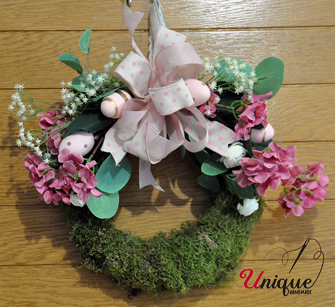 Pink Easter Decoration Moss Wreath