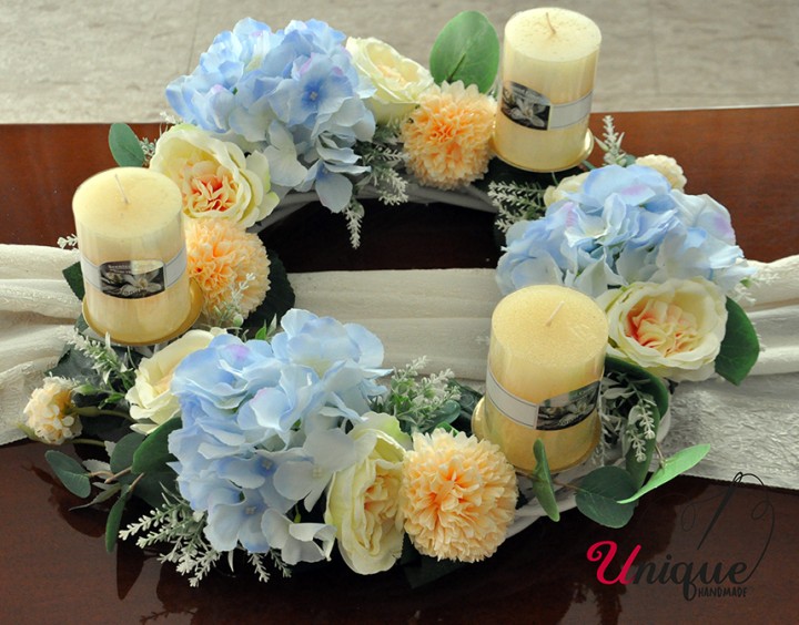 Centerpiece Light Blue White Wreath With Candles Decoration