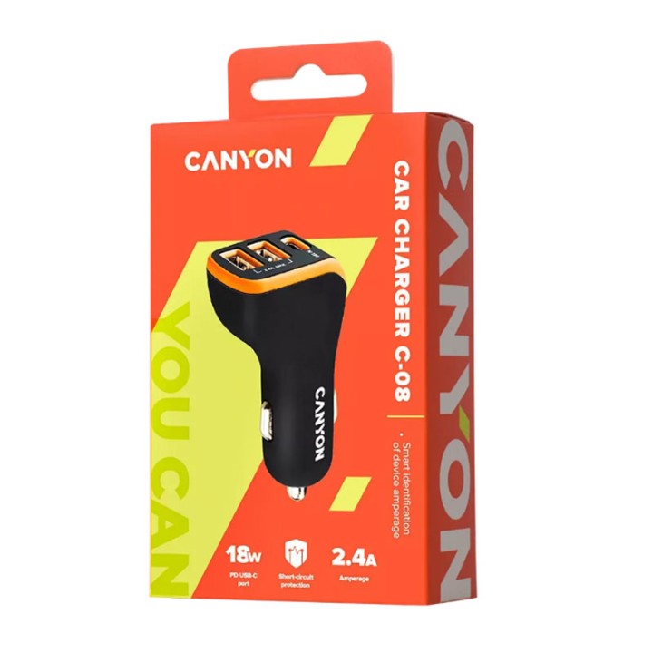 Canyon Car Charger Canyon C-08 Pd 18W Usb-C 2Usb-A Black Orange (Cne-Cca08Bo)  3+ years