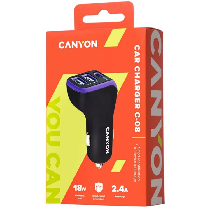 Canyon Car Charger Canyon C-08 Pd 18W Usb-C 2Usb-A Black Purple (Cne-Cca08Pu)  3+ years