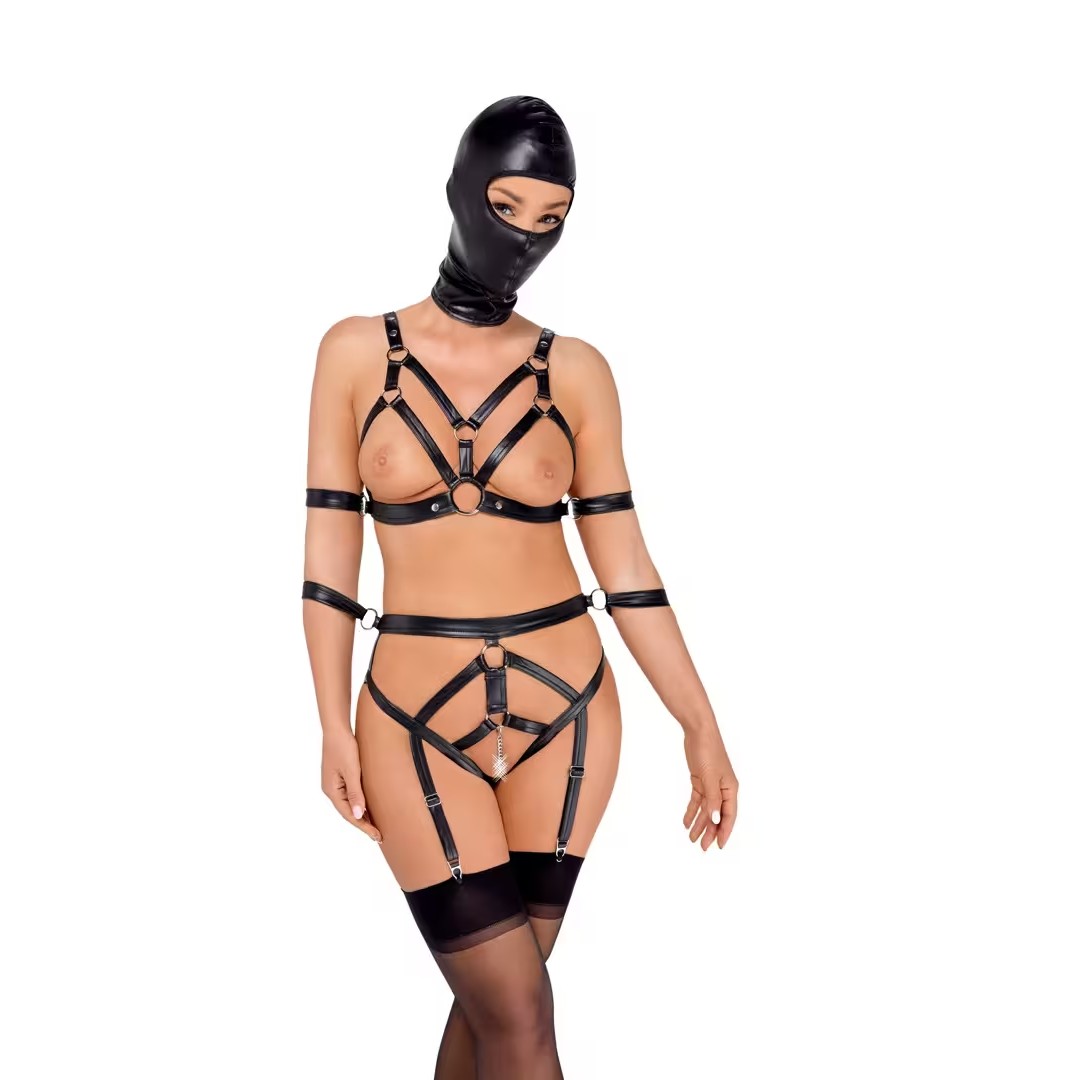 BAD KITTY - BONDAGE HARNESS & HOOD MASK SET M