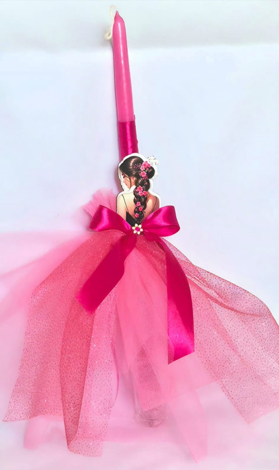 EASTER CANDLE GIRL IN FUCHSIA DRESS.