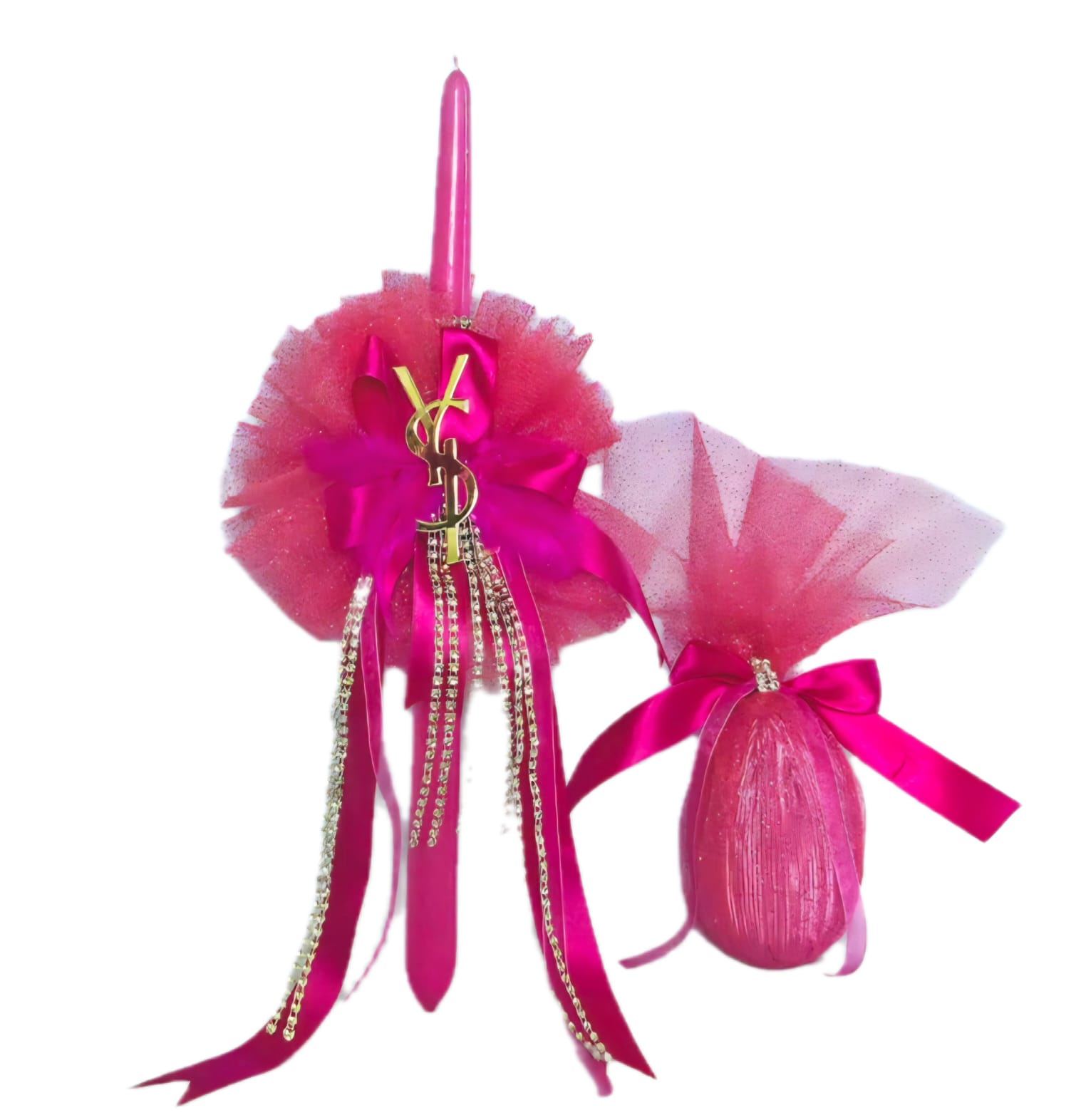 FUCHSIA  EASTER CANDLE AND EGG WITH DECORATIVE YVES SAINT LAURENT.