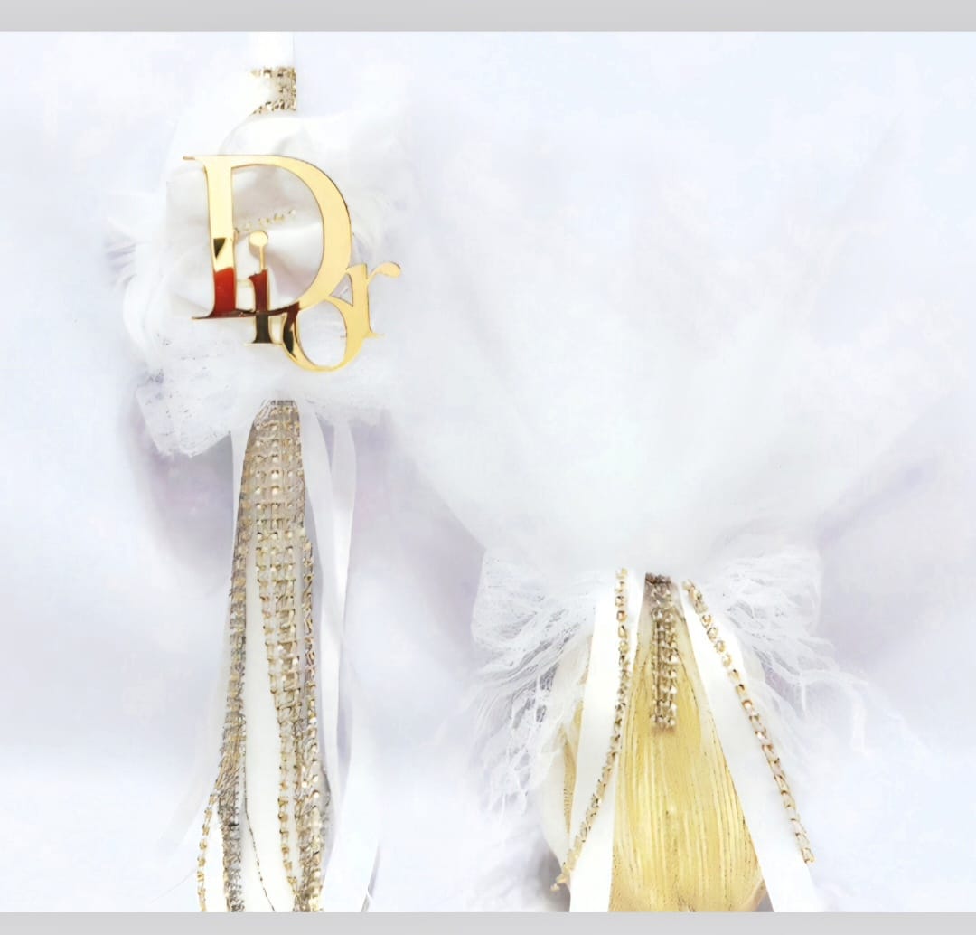 EASTER CANDLE AND EGG ,WHITE- GOLD , WITH  DIOR DECORATION.