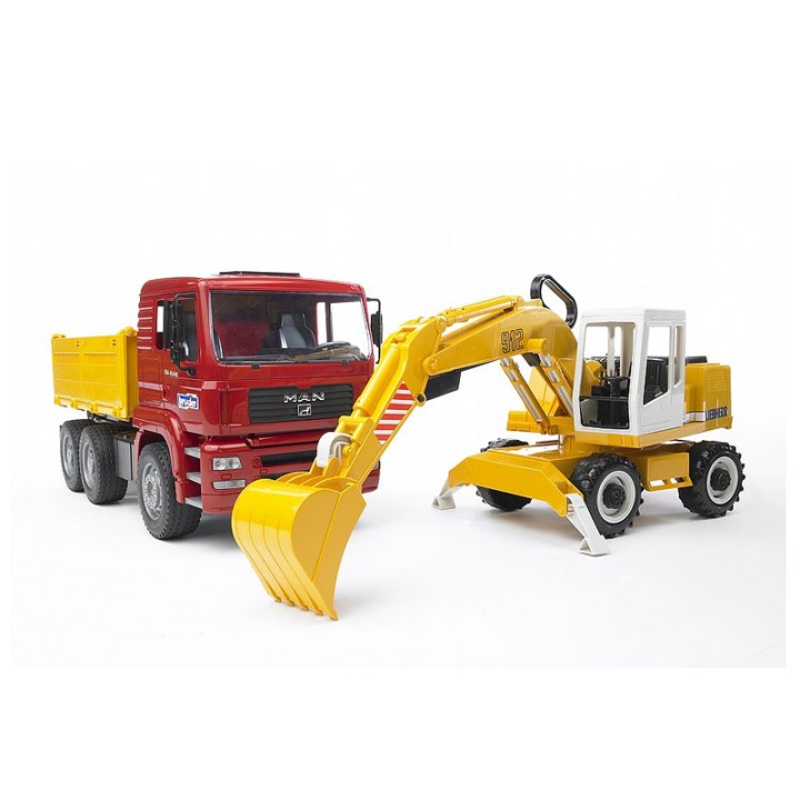 Bruder 02751 Man Tga Construction Truck And Liebherr Excavator - Die-Cast Toy Car - Move earth with the excavator, use it to load the tipping trailer and transport away directly