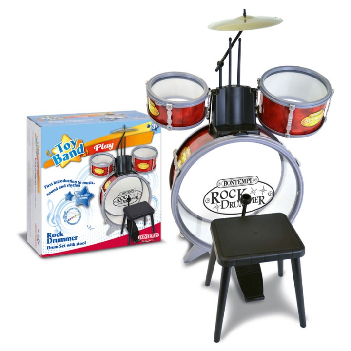 Bontempi Drum Set 4 Pcs With Stool - Musical Instrument Toy - Red 51 4504 - Drum set: bass drum Ø 385 mm (15 3/16) with pedal • 2 side drums Ø 170 and 210 mm (6 3/4 and 8 1/...