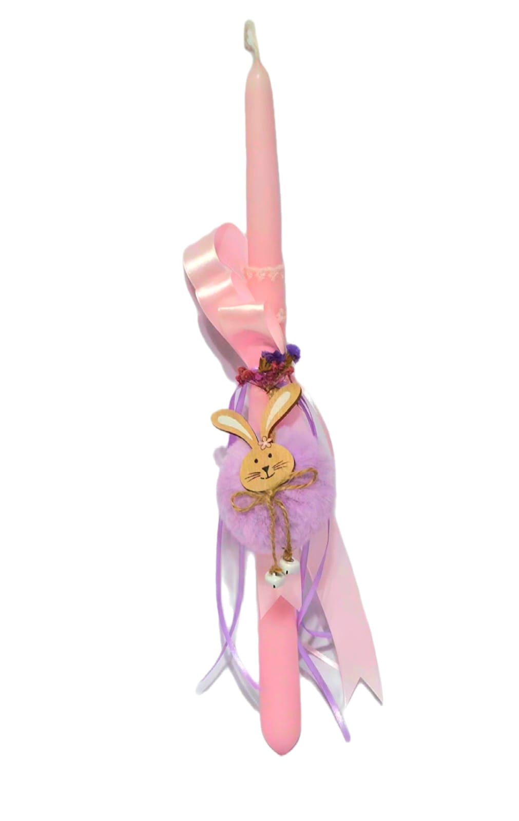 PINK EASTER CANDLE WITH WOODEN BUNNY WITH PURPLE FUR Lambada. Cod.12