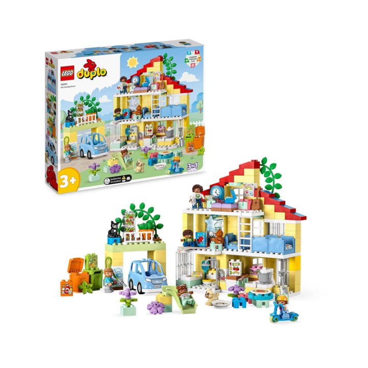 LEGO Duplo Town 10994 3In1 Family House - Building Set - LEGO DUPLO Town 3in1 Family House dolls house toy for toddlers features 3 floors, 5 rooms, 7 figu...