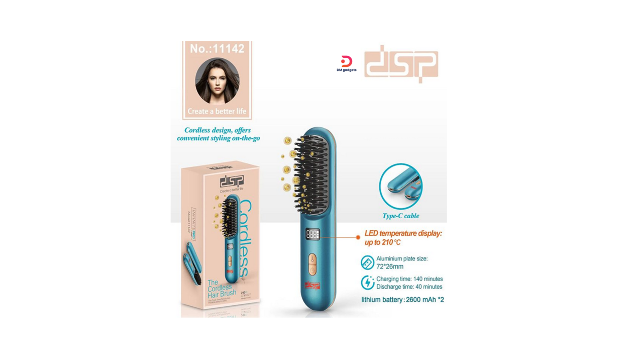 700W14#DSP®11142 Cordless Hair Straightening Brush with LED Display, 55W, 5V, 130 to 210°C